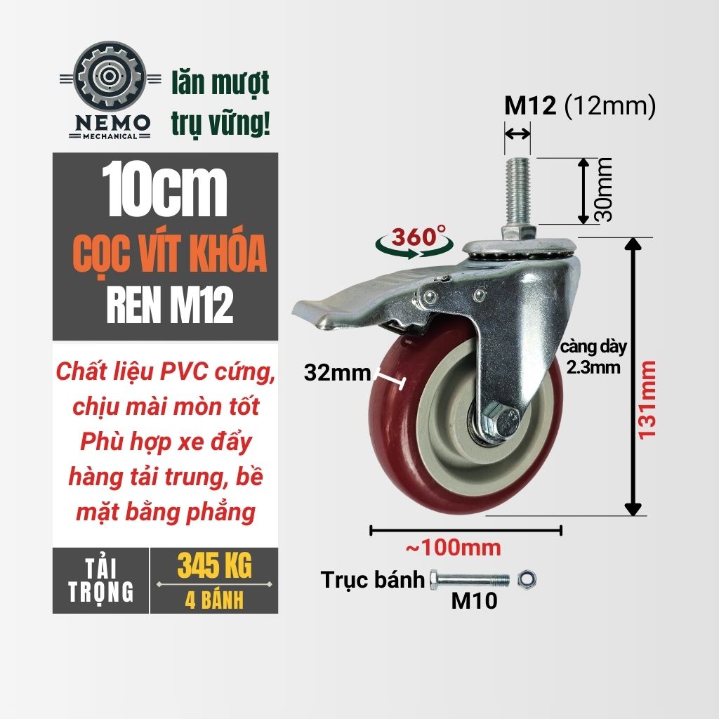 Bánh Xe PVC Đỏ Mận Cọc Vít M12 (D75, D100, D125)